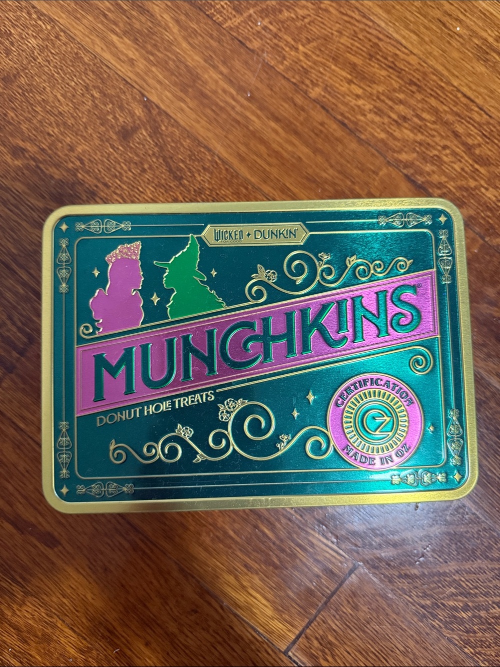 Wicked + Dunkin Munchkins Tin - Green & Pink Metal Collectible